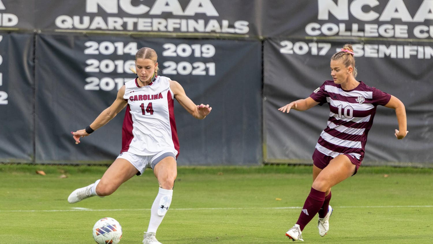 FILE — Senior defender Taylor Bloom clears the ball up the field in South Carolina's match against Texas A&M on Oct. 19, 2025. Bloom was a crucial player on both the offensive and defensive sides of the ball.
