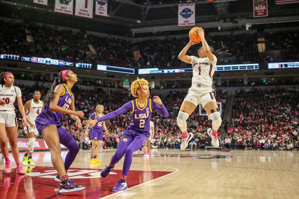 Senior guard Zia Cooke goes up for a shot during South Carolina’s game against LSU at Colonial Life Arena on Feb. 12, 2023. The Gamecocks beat the Tigers 88-64.