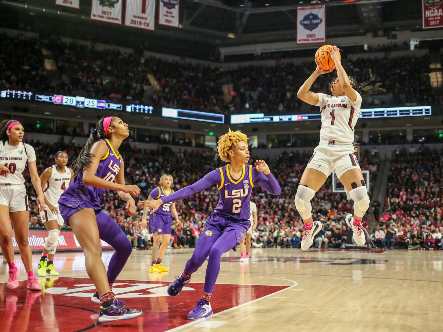 Senior guard Zia Cooke goes up for a shot during South Carolina’s game against LSU at Colonial Life Arena on Feb. 12, 2023. The Gamecocks beat the Tigers 88-64.