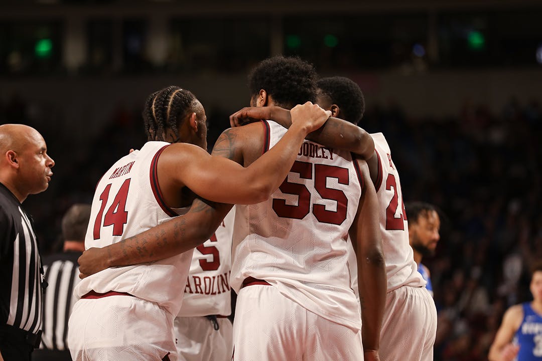 FILE— The Gamecocks take a huddle during a game against the Kentucky Wildcats on Feb. 8, 2022.
