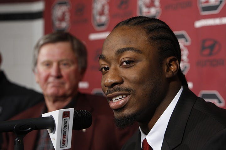 University of South Carolina running back Marcus Lattimore announces Wednesday, December 12, 2012, his intentions to enter the NFL draft during a press conference in Columbia, South Carolina. (Tim Dominick/The State/MCT)