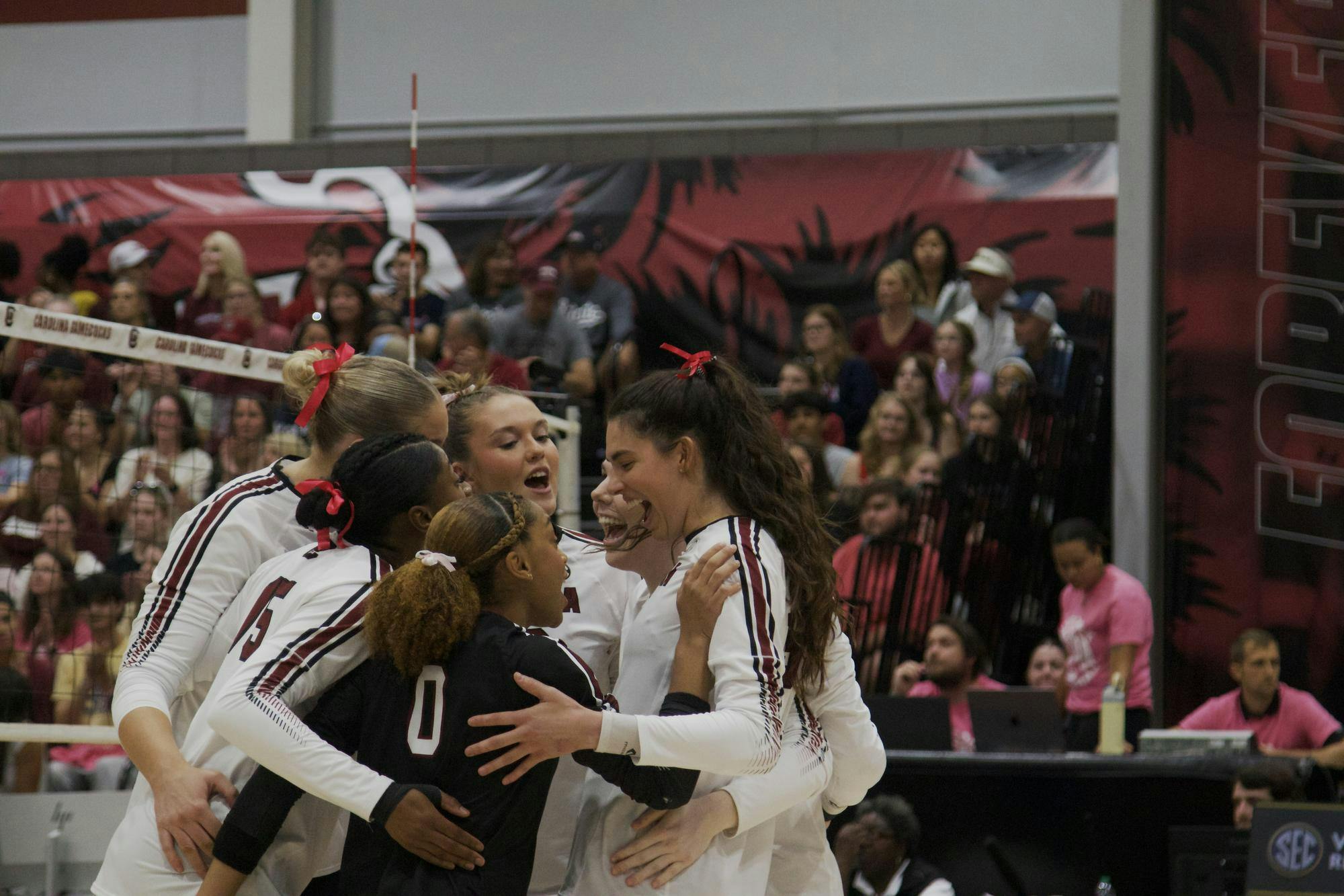 Teammates take a moment to celebrate a point against the Mississippi State Bulldogs during one of their sets. The Gamecocks have averaged about 12 kills per set in the 2025 season.&nbsp;&nbsp;