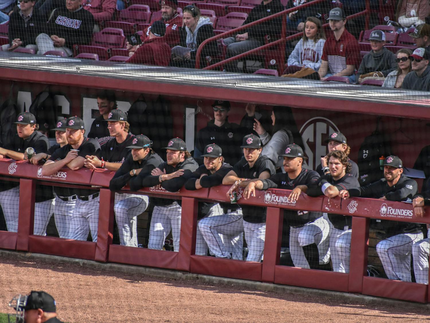 The South Carolina’s baseball team watches the field as the team plays on February 19, 2023. The Gamecocks defeated UMass Lowell 12-1 to clinch a three-game sweep.