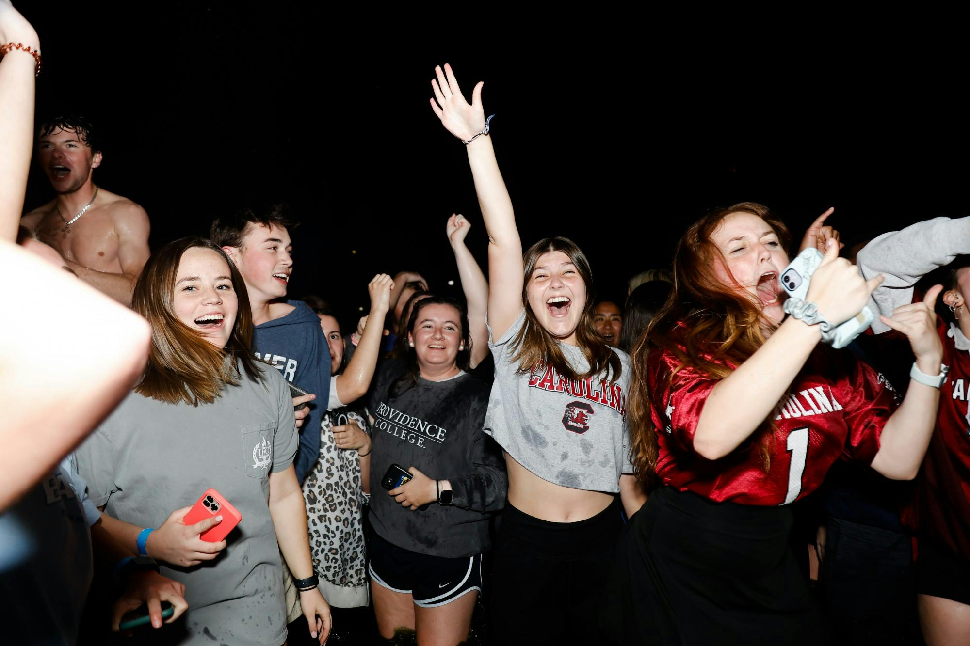 South Carolina student joins in a USC cheer while in the Thomas Cooper Library fountain, celebrating the women’s basketball team’s championship title.  