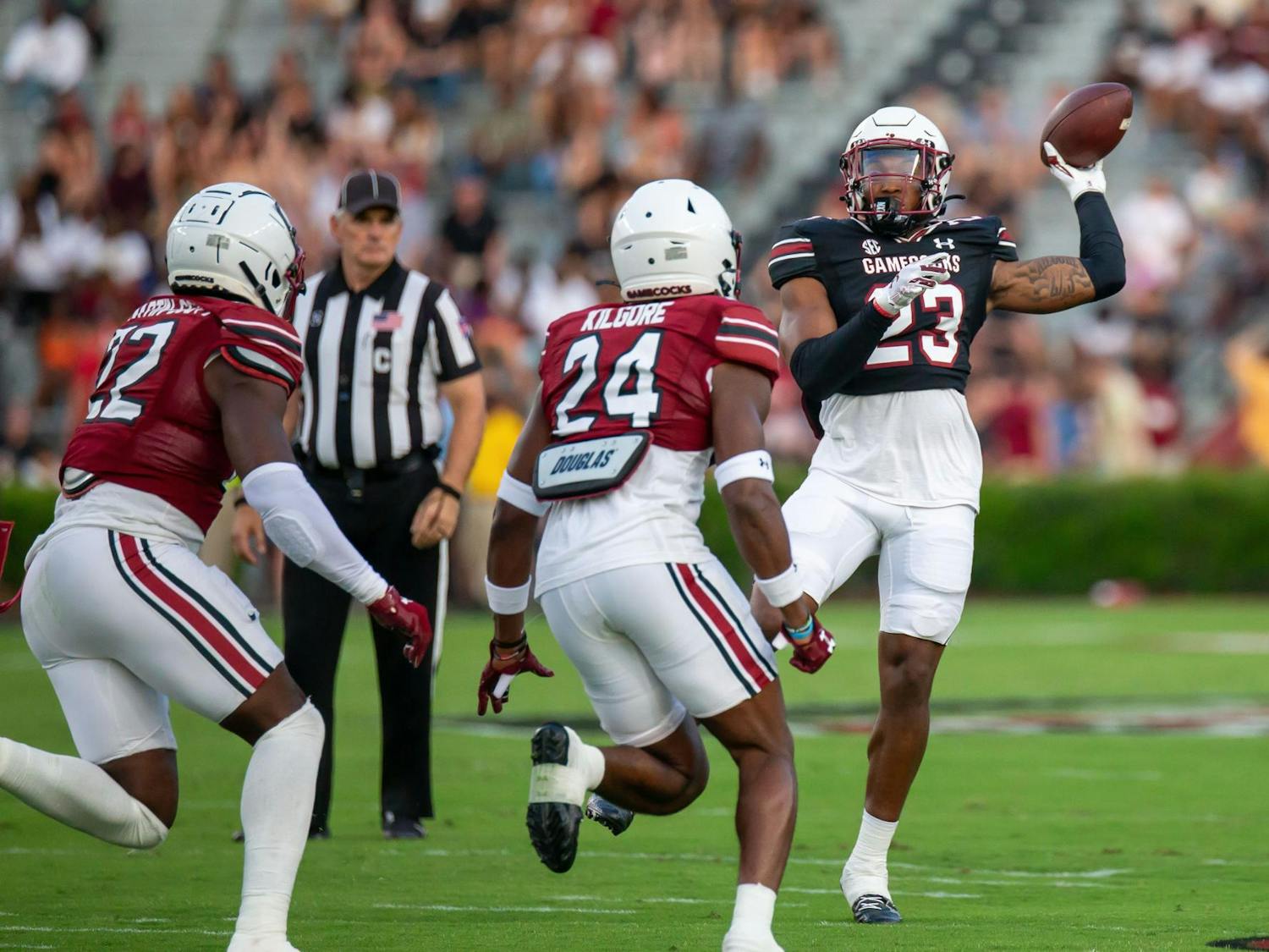 Redshirt sophomore defensive back Gerald Kilgore looks for the open pass downfield during the 2024 Garnet & Black Spring Game at Williams-Brice Stadium on April 20, 2024. The 2024 season will be Kilgore’s first with the Gamecocks after he played two seasons at Tennessee Tech.