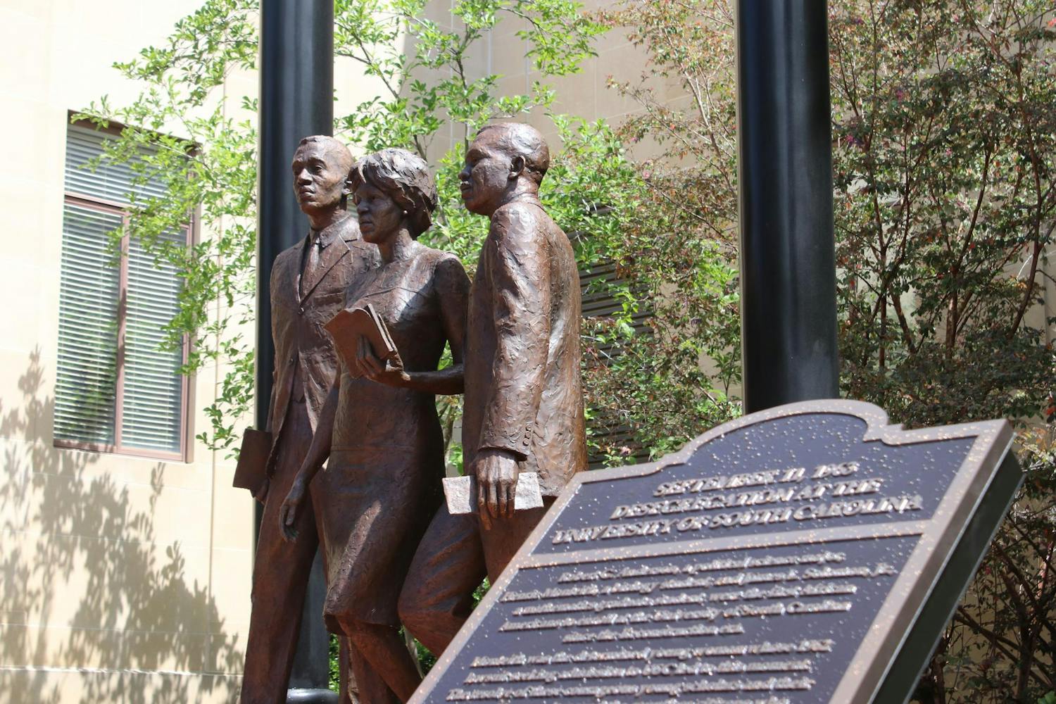 The new desegregation monument sits in front of the McKissick Museum on the University of South Carolina Horseshoe after being unveiled on April 19, 2024. The monument honors Henrie Monteith Treadwell, Robert Anderson and James Solomon Jr. as the first three black students to enroll at the university since reconstruction in 1963.