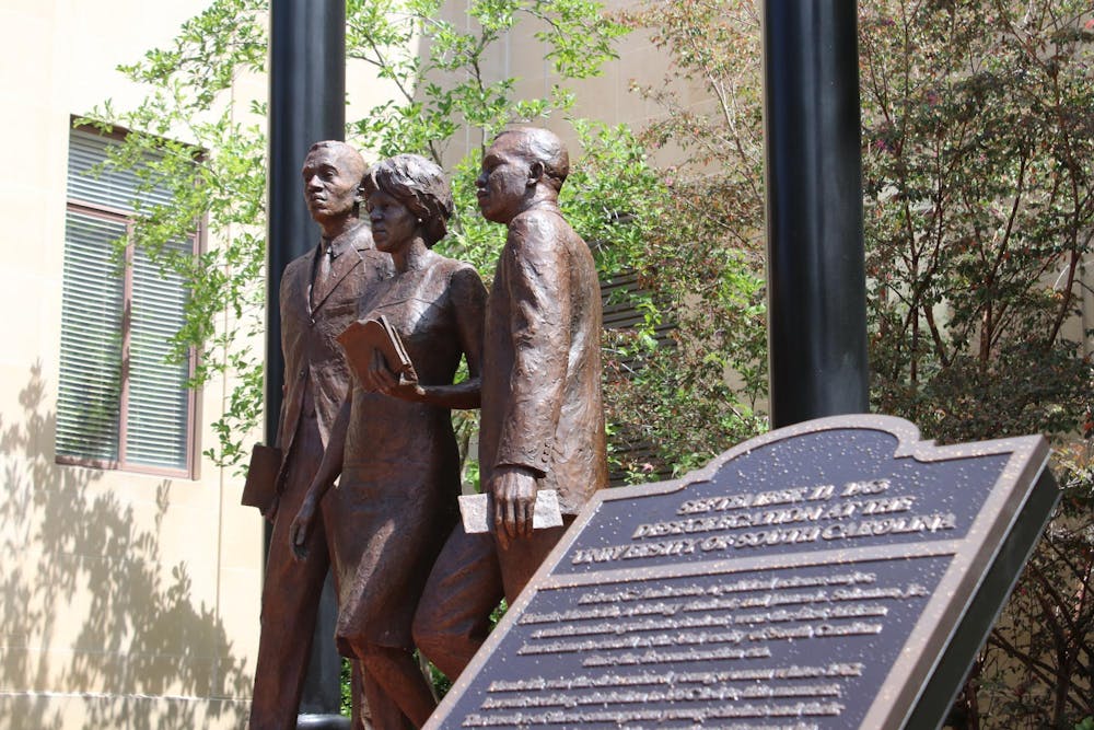 <p>The new desegregation monument sits in front of the McKissick Museum on the University of South Carolina Horseshoe after being unveiled on April 19, 2024. The monument honors Henrie Monteith Treadwell, Robert Anderson and James Solomon Jr. as the first three black ɫɫƵs to enroll at the university since reconstruction in 1963.</p>