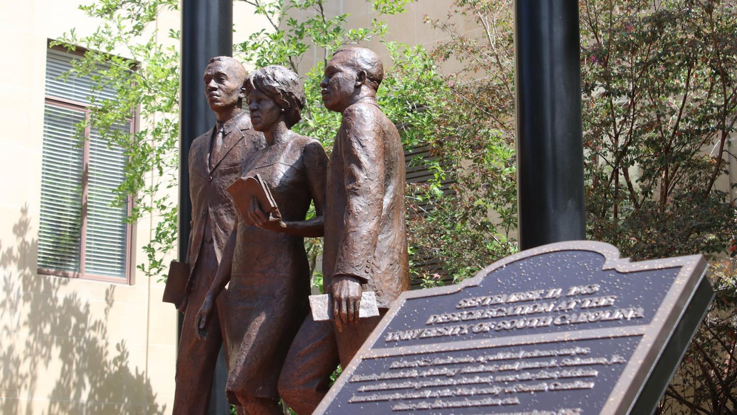 The new desegregation monument sits in front of the McKissick Museum on the University of South Carolina Horseshoe after being unveiled on April 19, 2024. The monument honors Henrie Monteith Treadwell, Robert Anderson and James Solomon Jr. as the first three black ɫɫƵs to enroll at the university since reconstruction in 1963.
