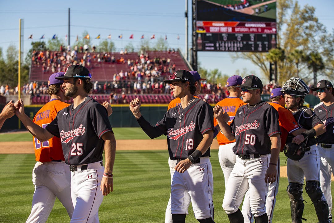 FILE—South Carolina and Clemson players congratulate one another after the last game of the series on Mar. 5, 2023, at Founder's Park. The Gamecocks beat the Tigers 7-1; winning 2-1 in the series.&nbsp;