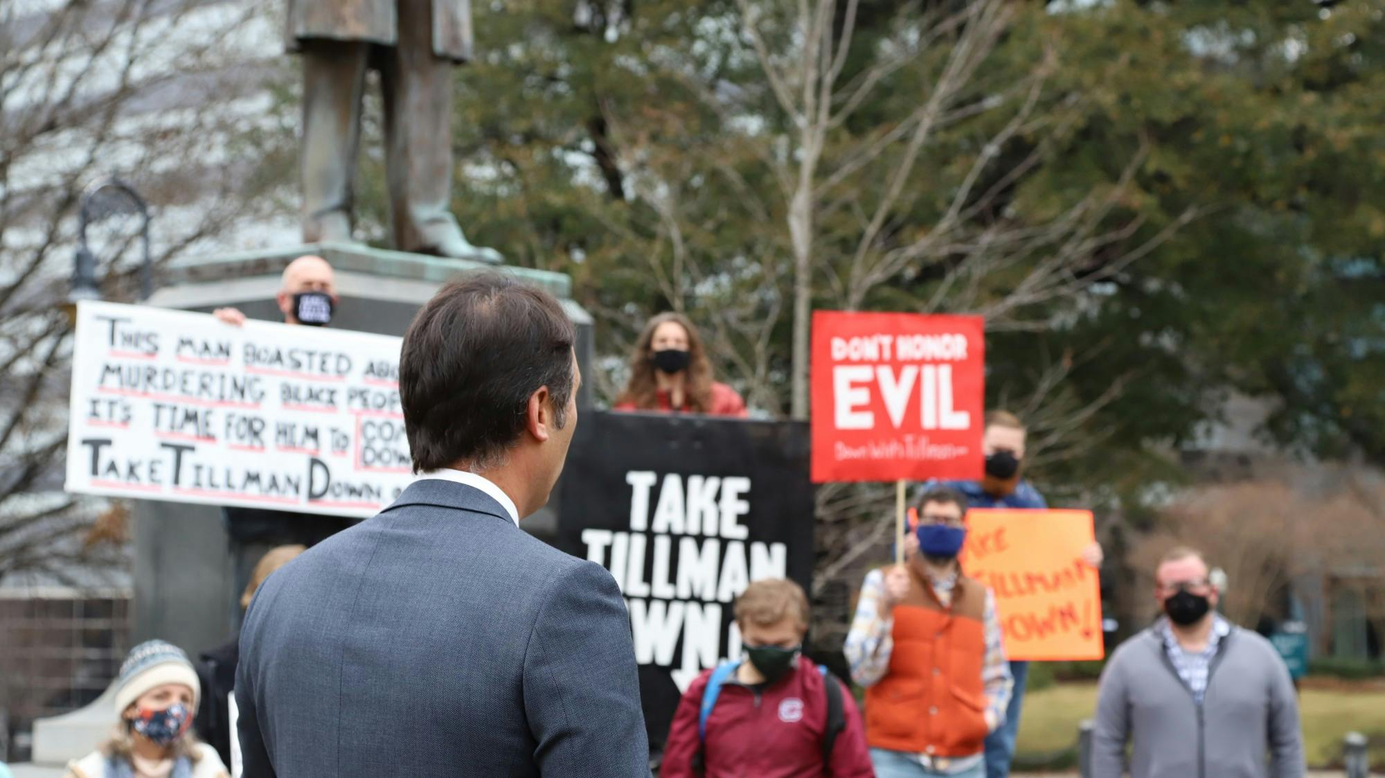 State Representative Seth Rose faces the crowd of protesters and gives his thoughts on the Benjamin Tillman statue. Rose often referred to Benjamin Tillman as “Pitchfork Tillman”.