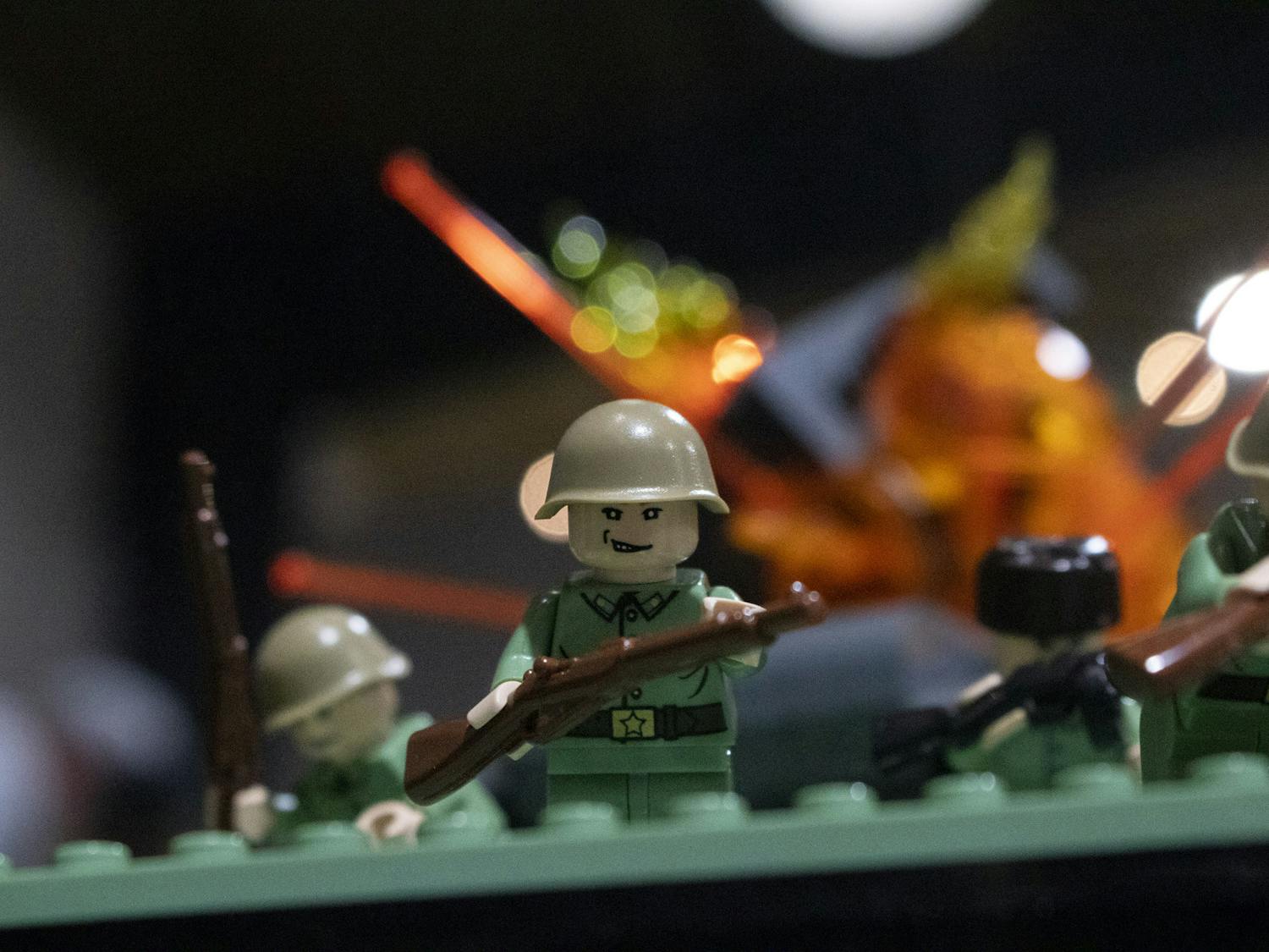 An army LEGO man from a LEGO World War II scene sits on display at Columbia Brick Con on March 25, 2023. The battlefield was made of over a thousand pieces and featured more than eight historically accurate tanks.