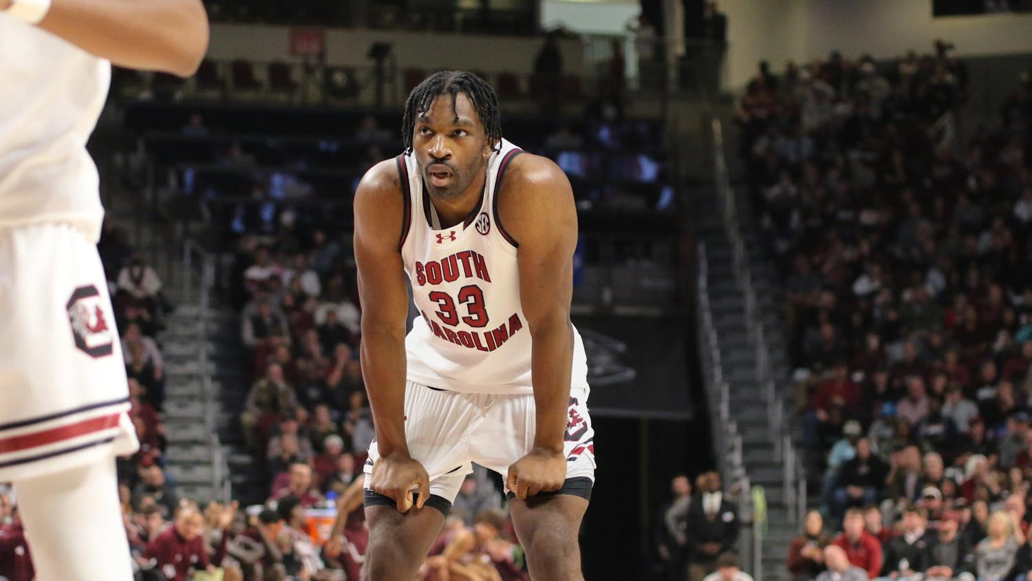 Senior forward Josh Gray catches his breath during the Gamecock victory over the Mississippi State Bulldogs on Jan. 6, 2024. South Carolina is currently 13-2 after a 74-47 loss to Alabama.