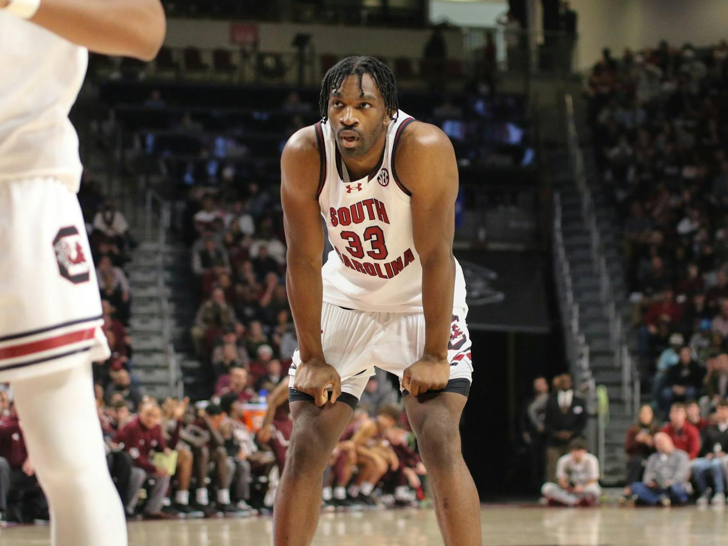 Senior forward Josh Gray catches his breath during the Gamecock victory over the Mississippi State Bulldogs on Jan. 6, 2024. South Carolina is currently 13-2 after a 74-47 loss to Alabama.
