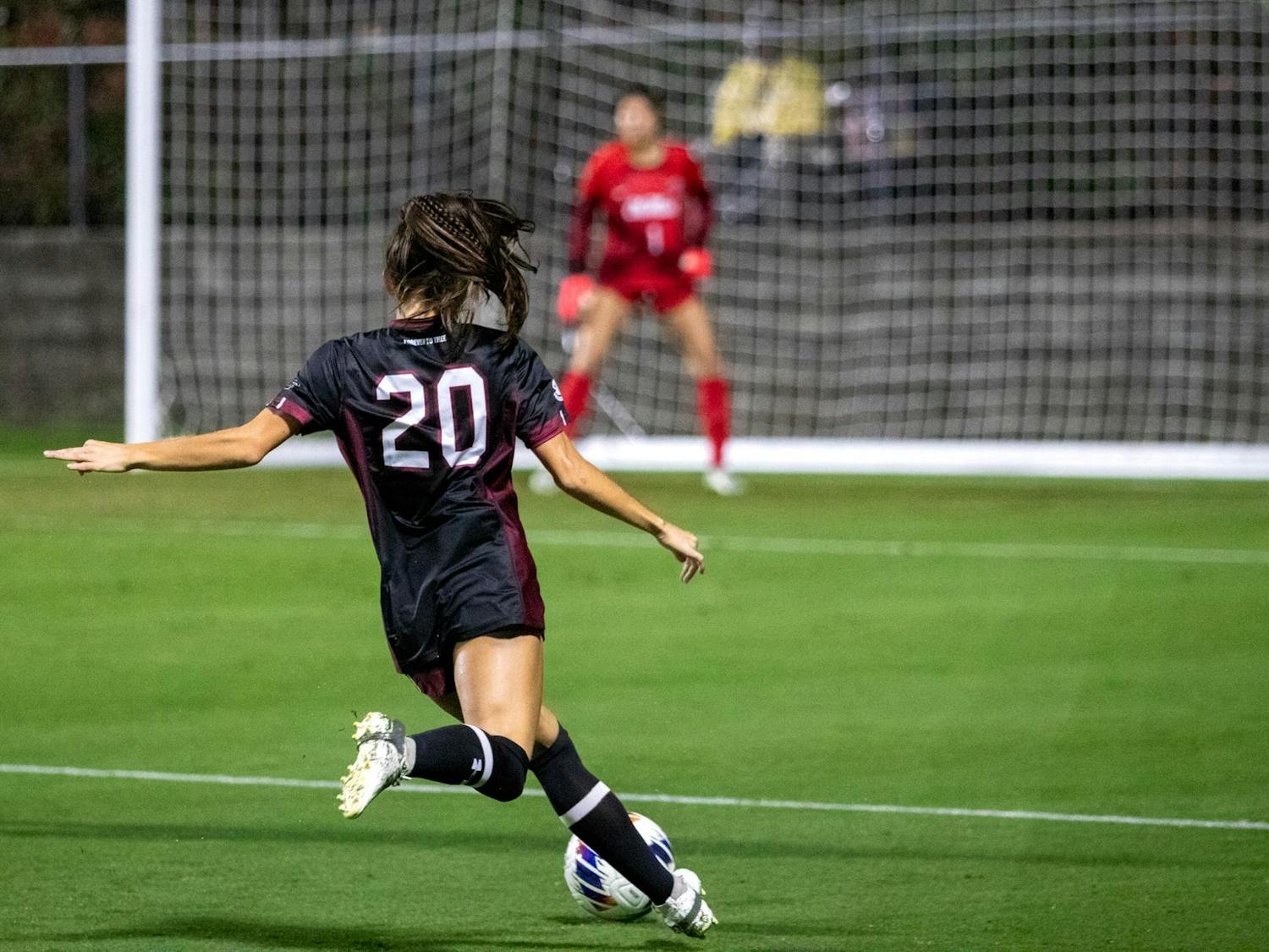 Senior forward Corinna Zullo dribbles the ball downfield in a game against Ole Miss at Stone Stadium on Oct. 13, 2023. The Gamecocks drew 0-0 to the Rebels.