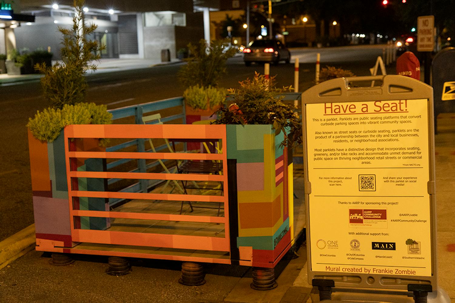 An art installation by Frankie Zombie resides in a parking spot on Washington St. outside of Stoners Pizza Joint. While most are temporary, this installation was the first permanent one to hit the streets of downtown Columbia.