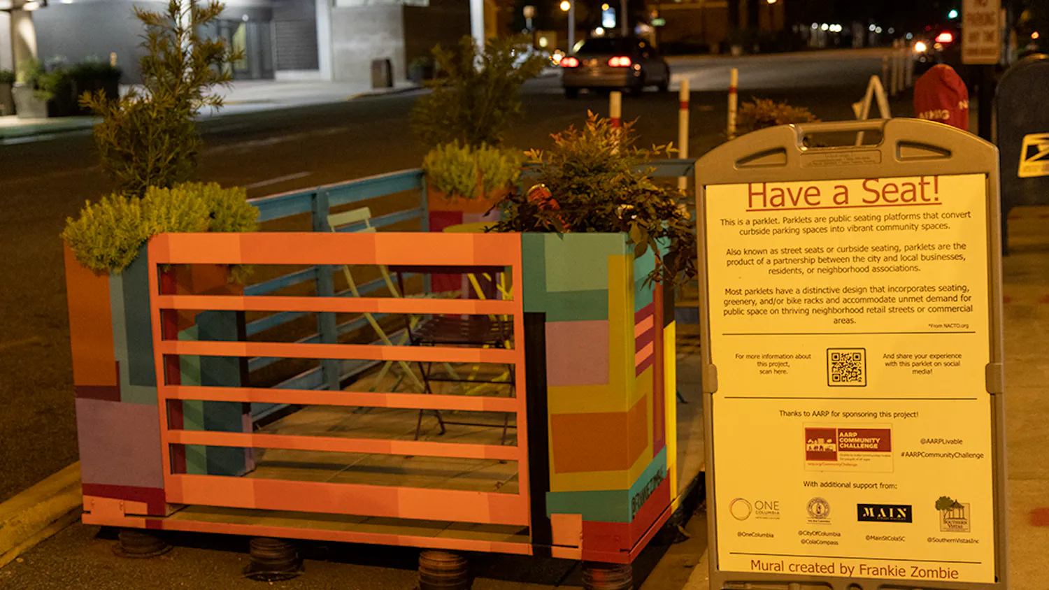 An art installation by Frankie Zombie resides in a parking spot on Washington St. outside of Stoners Pizza Joint. While most are temporary, this installation was the first permanent one to hit the streets of downtown Columbia.