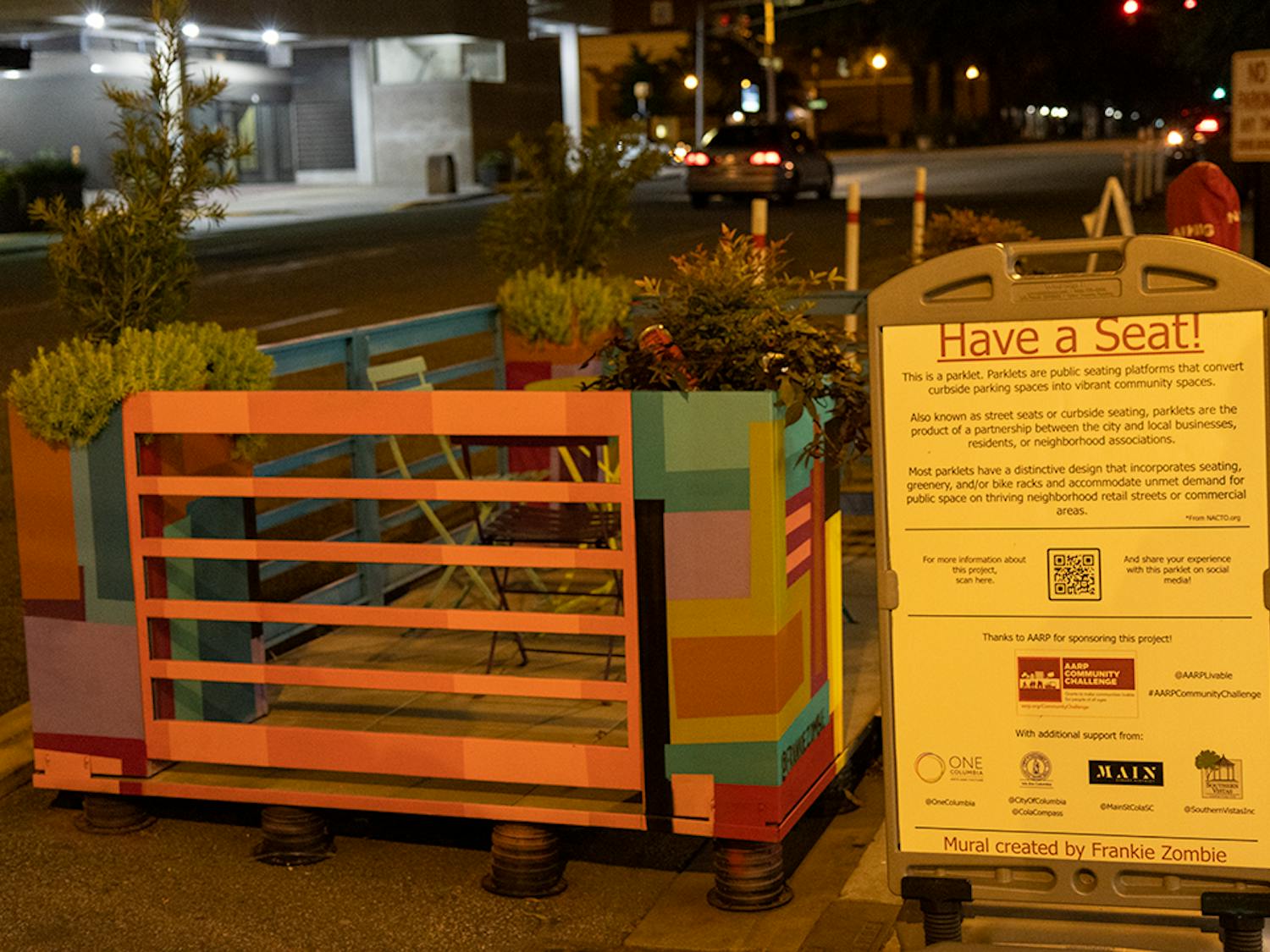 An art installation by Frankie Zombie resides in a parking spot on Washington St. outside of Stoners Pizza Joint. While most are temporary, this installation was the first permanent one to hit the streets of downtown Columbia.