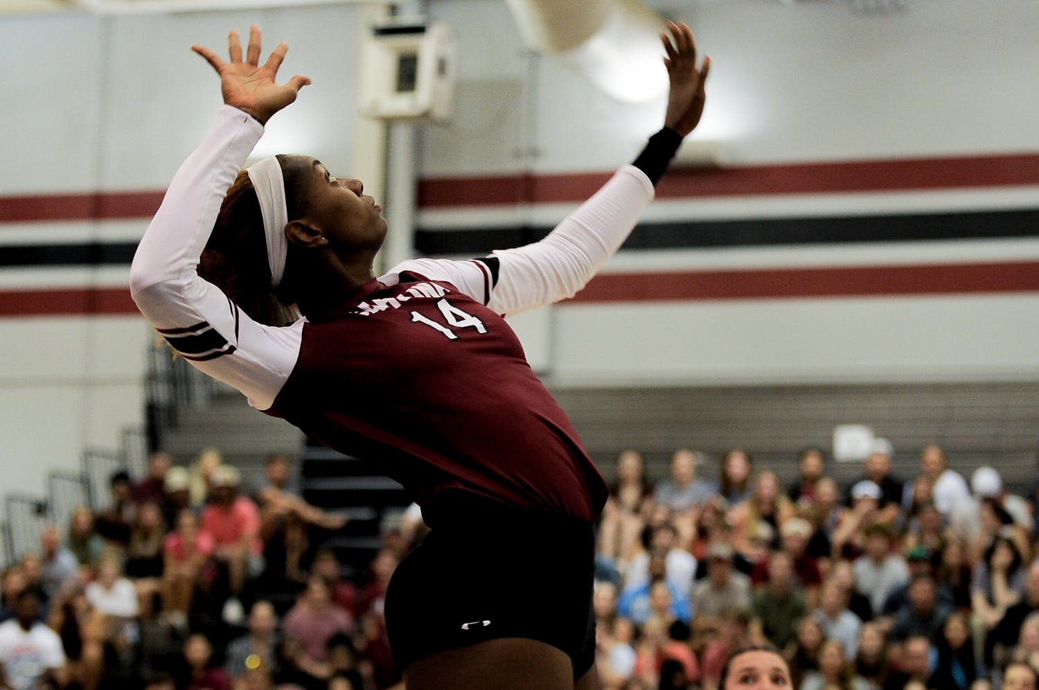 Junior outside hitter Kiune Fletcher jumps for the ball during the second set against Omaha during the Carolina Classic on August 27, 2022 at the Carolina Volleyball Center. The Gamecocks defeated Omaha 3-0.