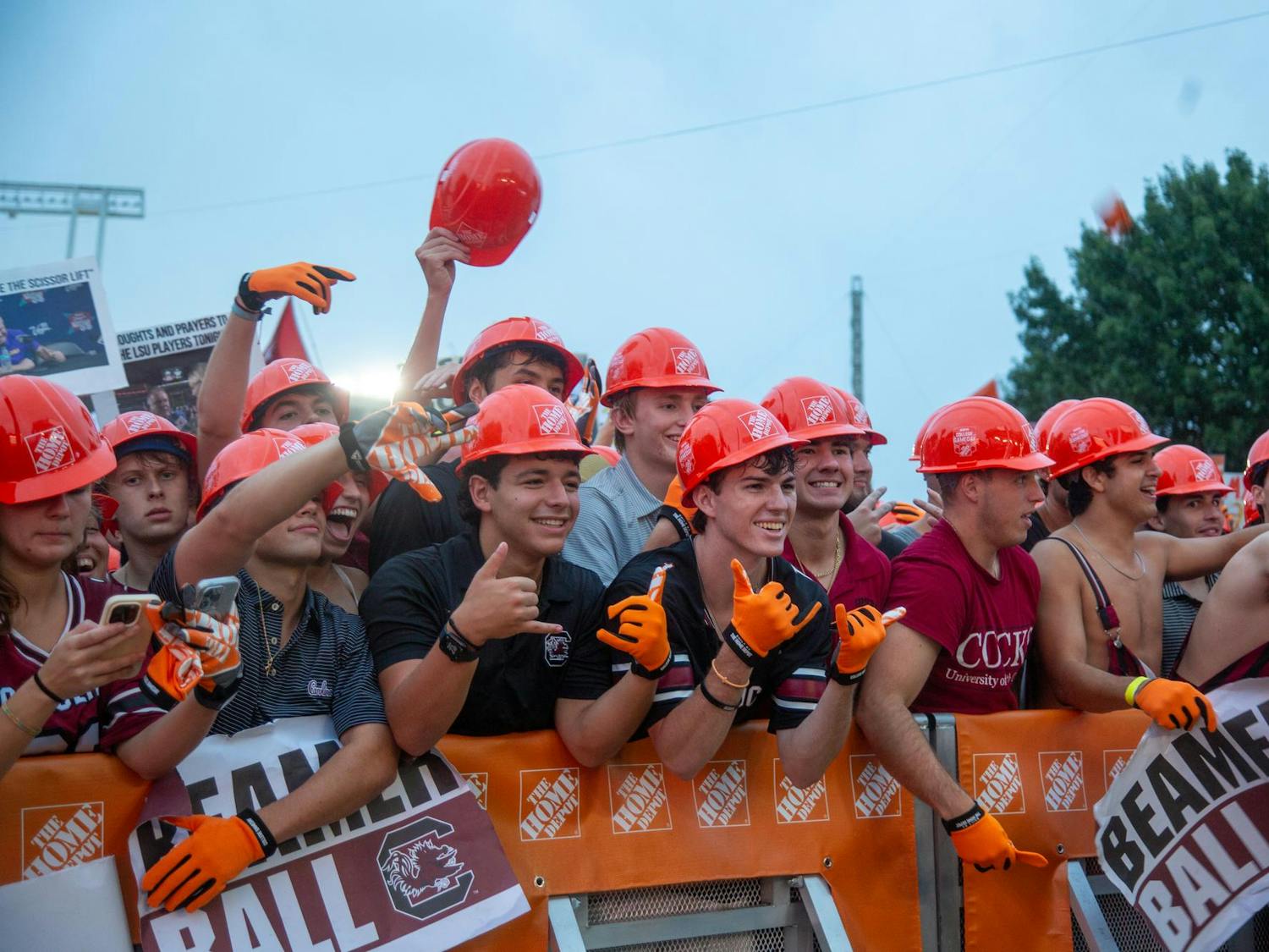 University of South Carolina students pose for a photo in the ESPN College GameDay pit on Sept. 14, 2024. Students were waiting outside the gate for as long as 12 hours before the gates ever opened.