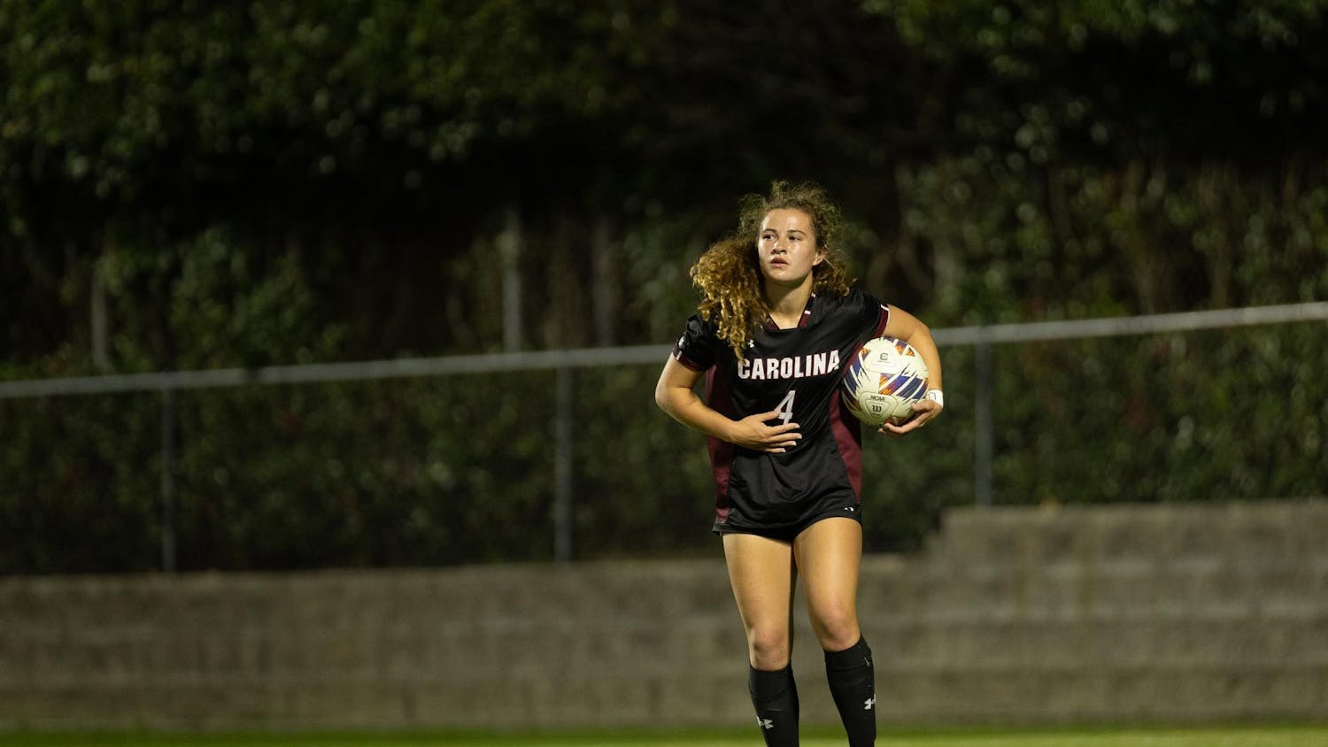 FILE - Freshman forward Katie Shea Collins carries the ball during the Gamecocks' matchup against the Mississippi State on Oct. 30, 2024 at Stone Stadium. Collins started 13 of the Gamecocks 14 regular season games and earned second team all-SEC accolades for the season.