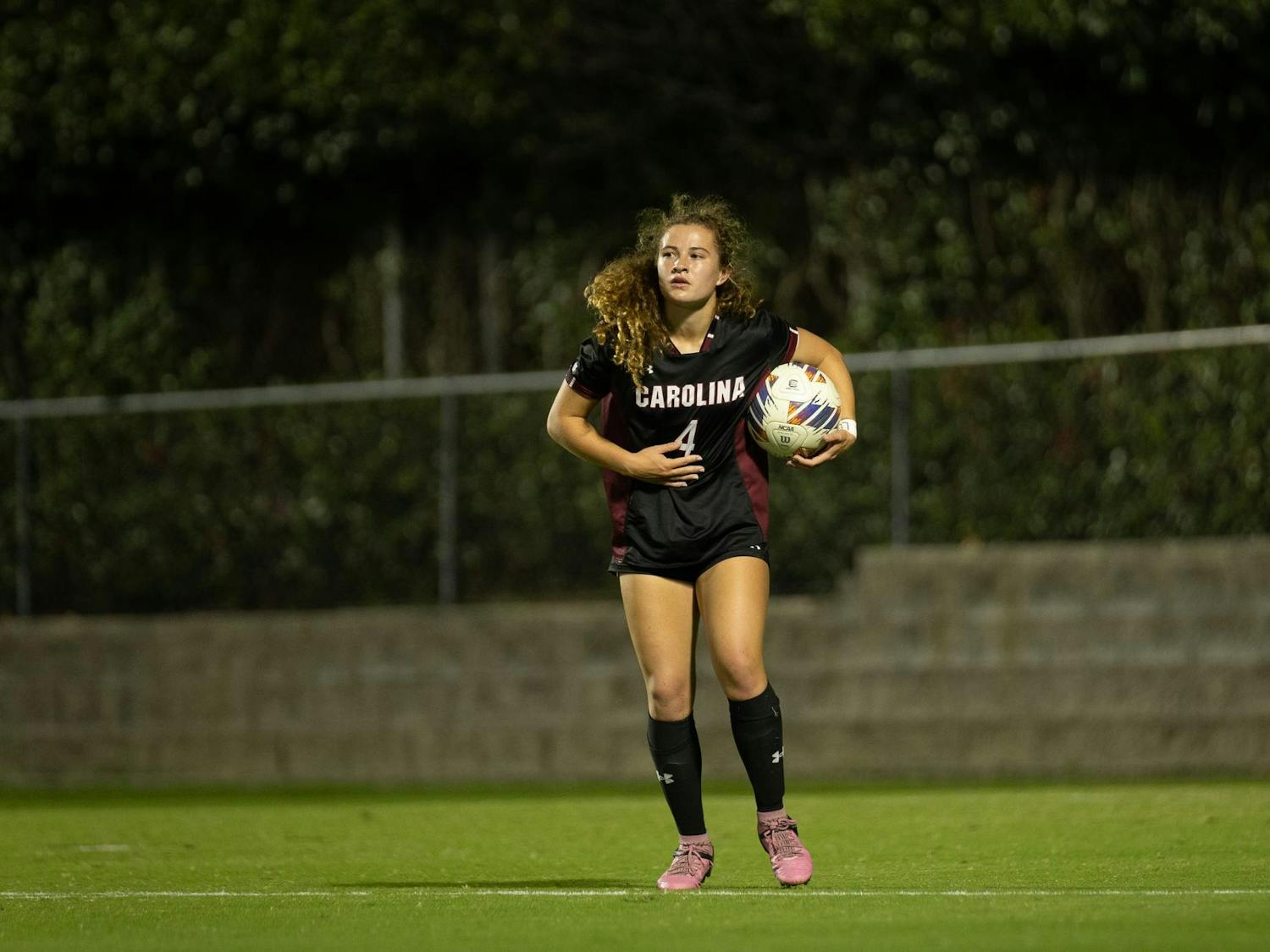 FILE - Freshman forward Katie Shea Collins carries the ball during the Gamecocks' matchup against the Mississippi State on Oct. 30, 2024 at Stone Stadium. Collins started 13 of the Gamecocks 14 regular season games and earned second team all-SEC accolades for the season.