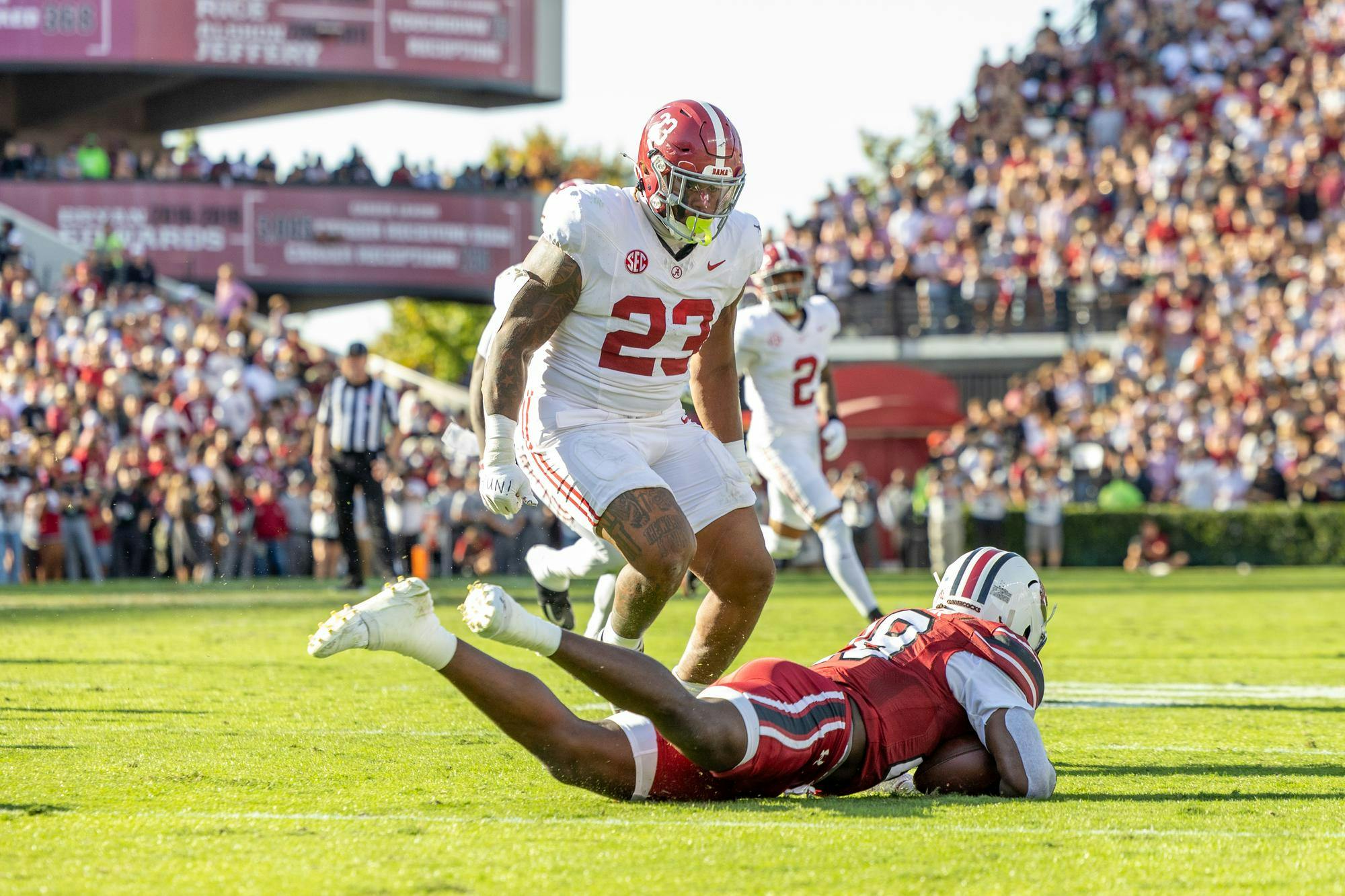 Redshirt freshman running back Matt Fuller falls to the ground after rushing the football against Alabama on Oct. 25, 2025, at Williams-Brice Stadium. The Gamecocks lost to the Crimson Tide 29-22 after holding a 22-14 lead in the fourth quarter.