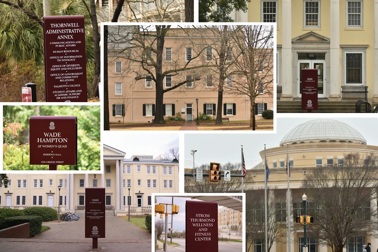 A collage made up of buildings that are being considered for renaming on USC's campus.&nbsp;