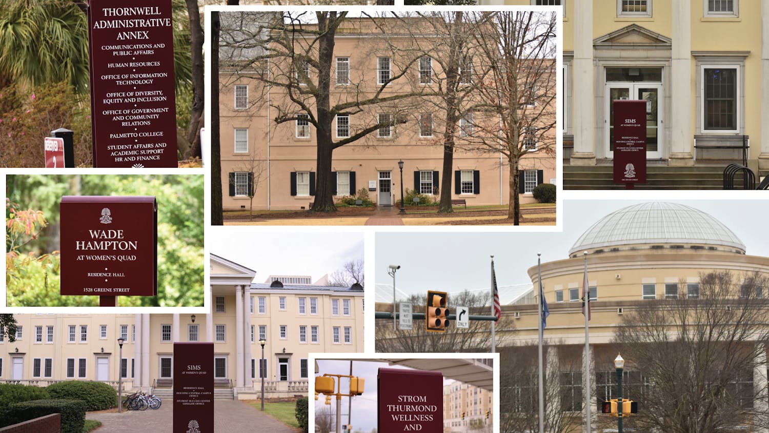 A collage made up of buildings that are being considered for renaming on USC's campus. 