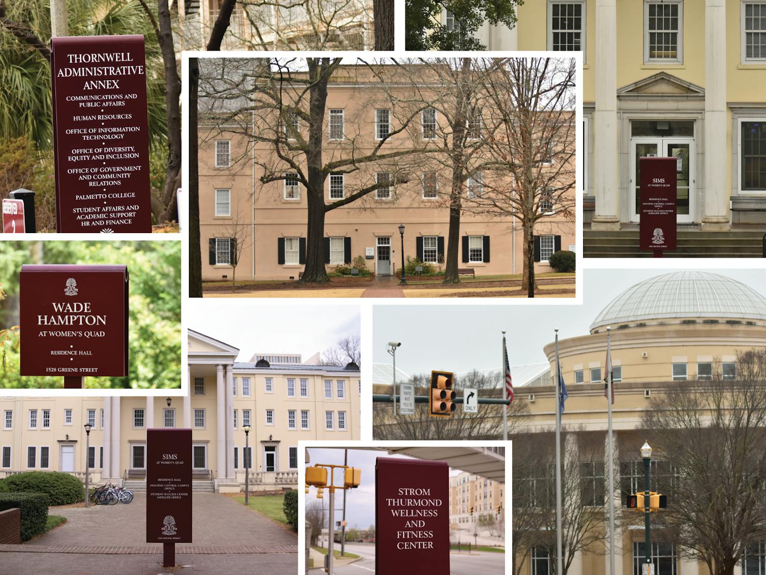 A collage made up of buildings that are being considered for renaming on USC's campus.&nbsp;