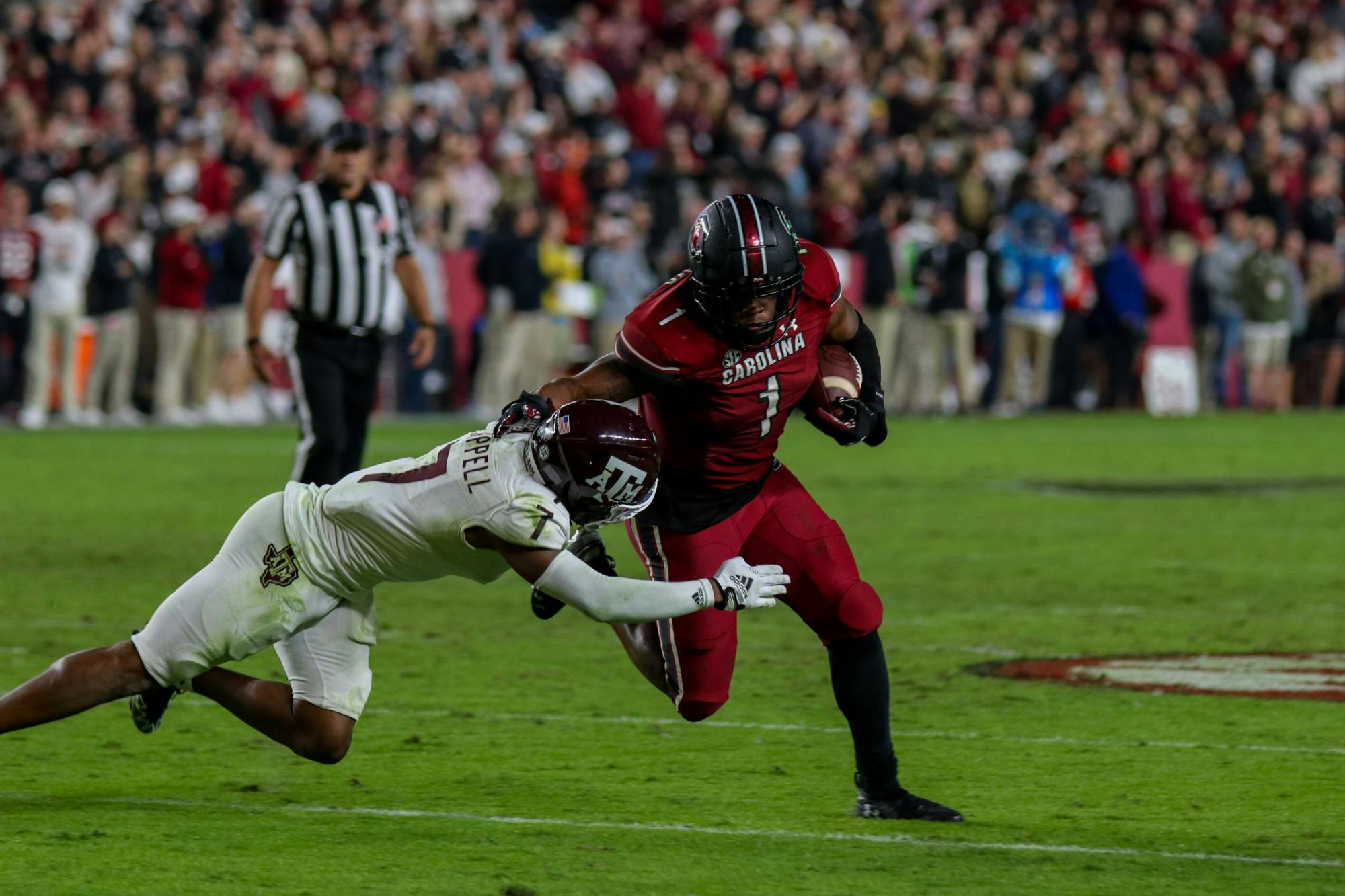 Redshirt sophomore running back MarShawn Lloyd breaks a tackle for big gain during the fourth quarter against the Texas A&amp;M Aggies at Williams-Brice Stadium on Oct. 22, 2022. South Carolina defeated Texas A&amp;M 30-24.