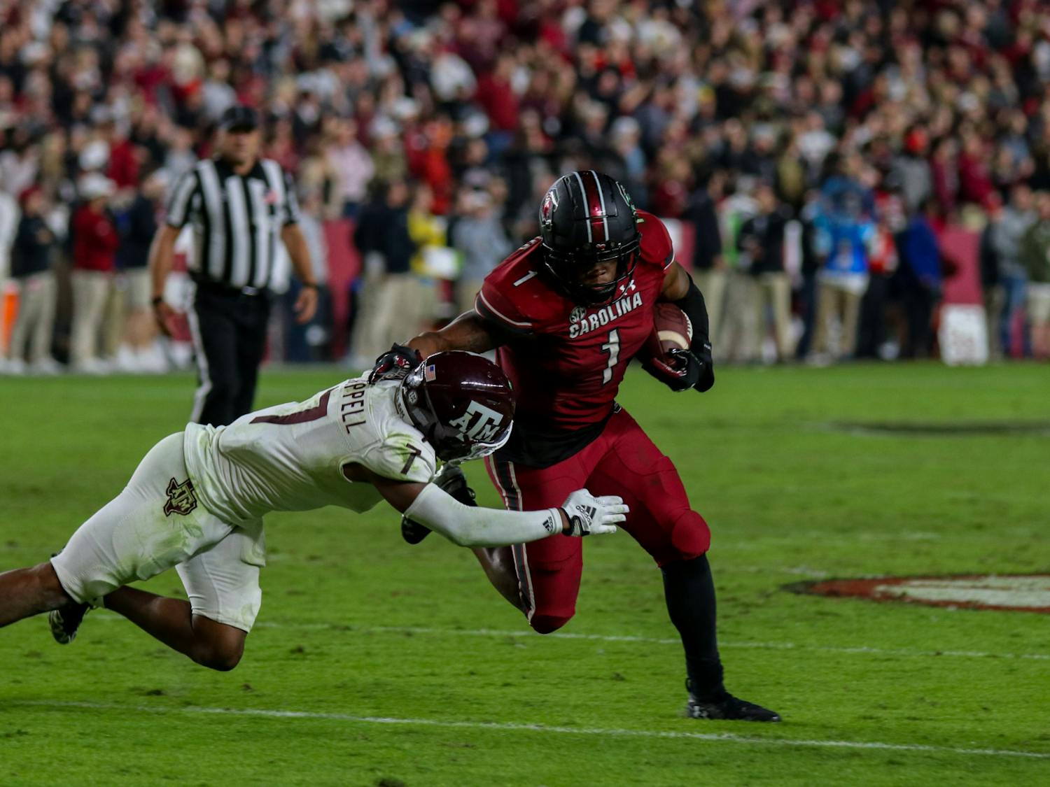 Redshirt sophomore running back MarShawn Lloyd breaks a tackle for big gain during the fourth quarter against the Texas A&amp;M Aggies at Williams-Brice Stadium on Oct. 22, 2022. South Carolina defeated Texas A&amp;M 30-24.