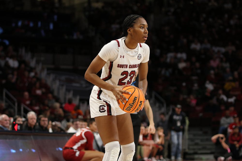 <p>FILE—Sophomore guard Bree Hall reads the court on Jan 22. 2023 where South Carolina defeated Arkansas 92-46.&nbsp;</p>