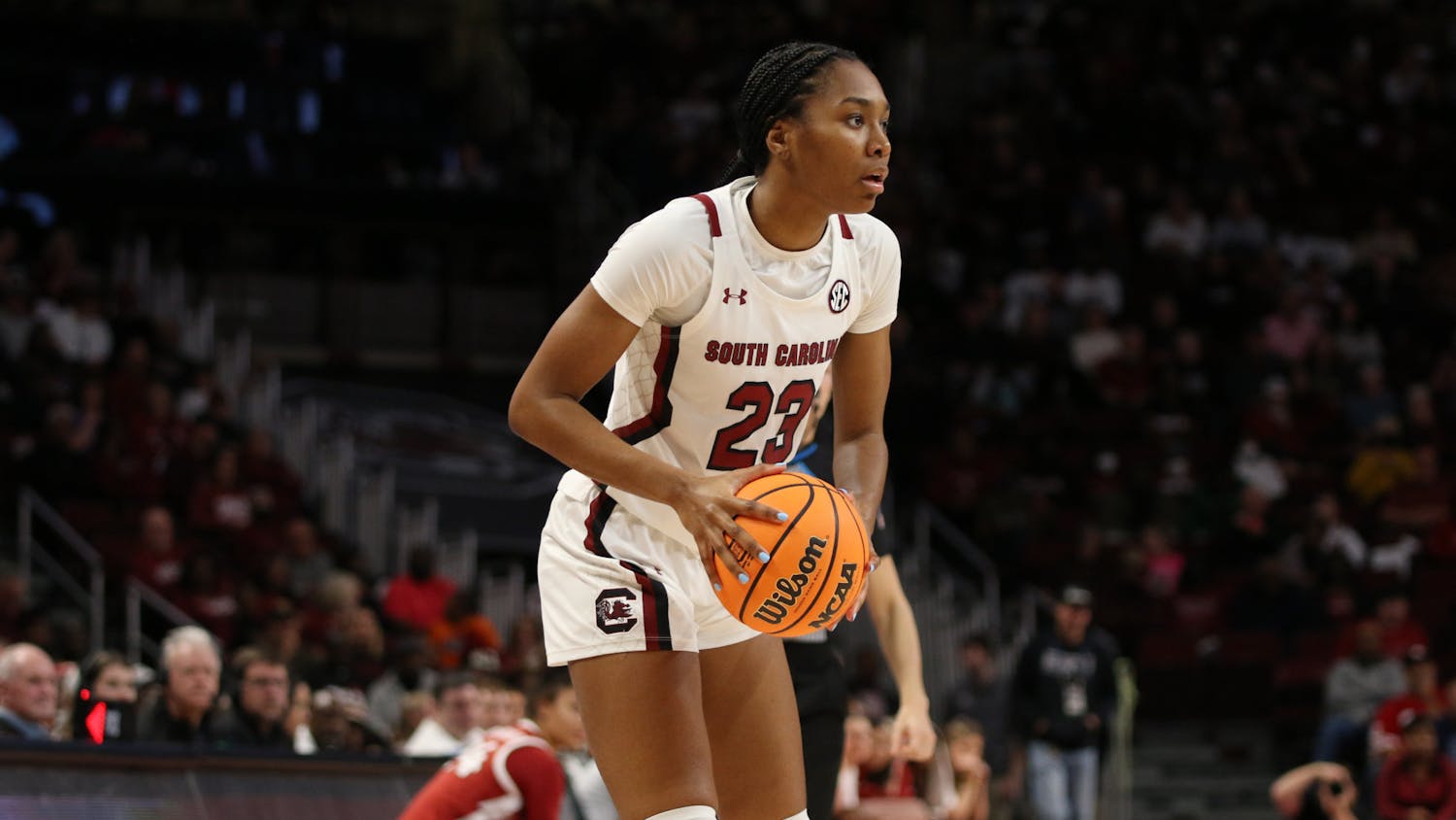 FILE—Sophomore guard Bree Hall reads the court on Jan 22. 2023 where South Carolina defeated Arkansas 92-46.&nbsp;