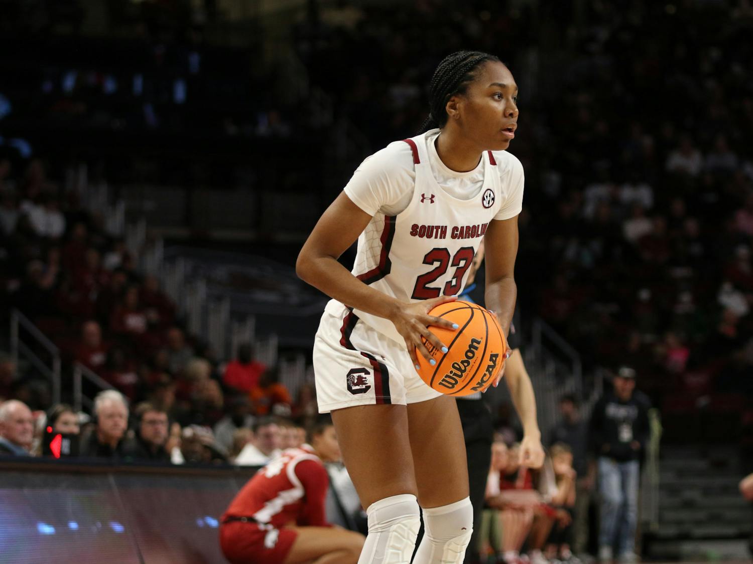 FILE—Sophomore guard Bree Hall reads the court on Jan 22. 2023 where South Carolina defeated Arkansas 92-46.&nbsp;