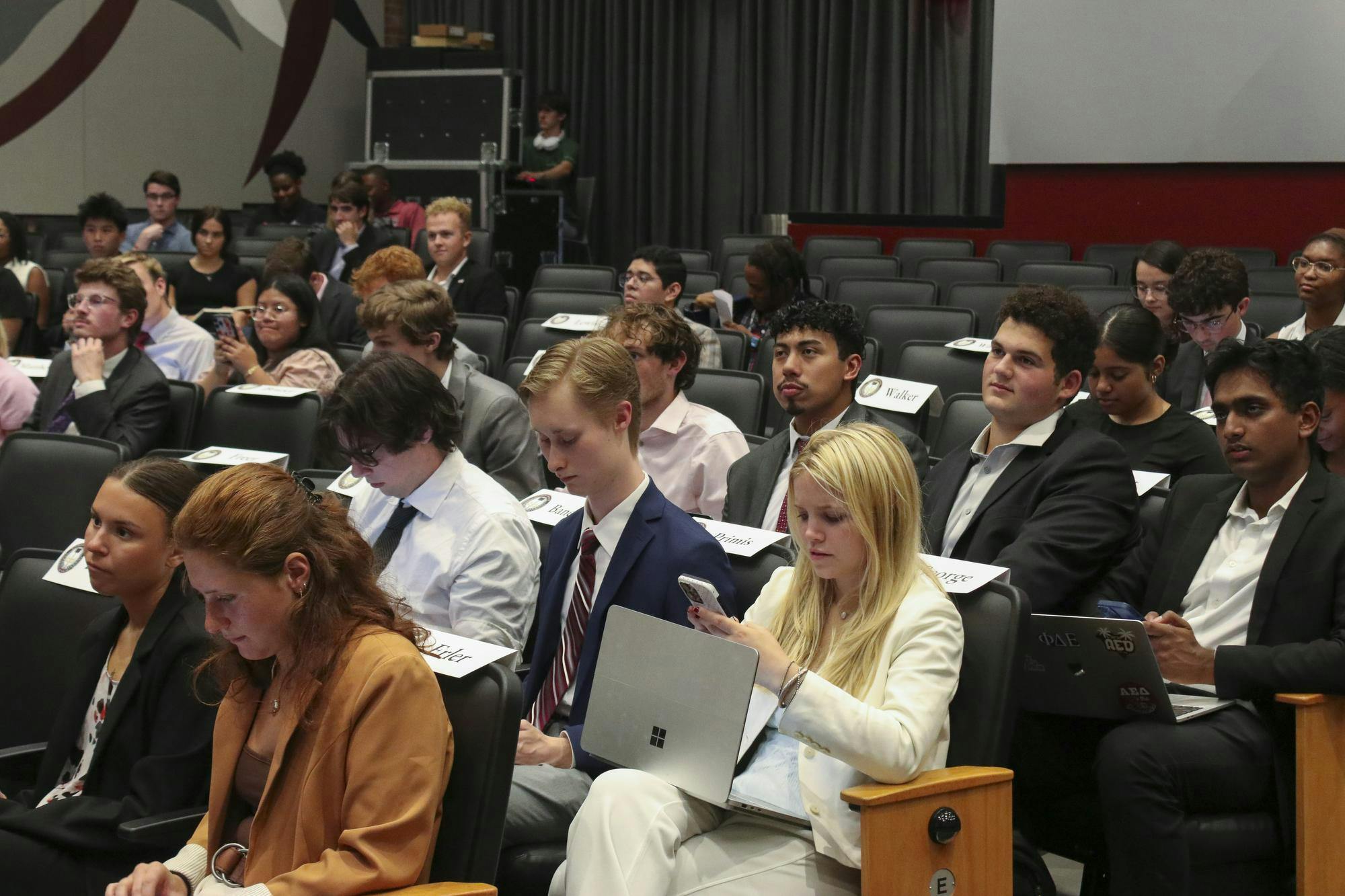 Members of the Student Government ask questions about proposed legislative changes at the Student Senate Meeting on Sept. 24, 2025. This event occurs weekly in the Russell House Theater at 5:30 p.m.&nbsp;