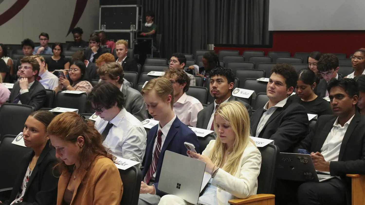 Members of the Student Government ask questions about proposed legislative changes at the Student Senate Meeting on Sept. 24, 2025. This event occurs weekly in the Russell House Theater at 5:30 p.m. 