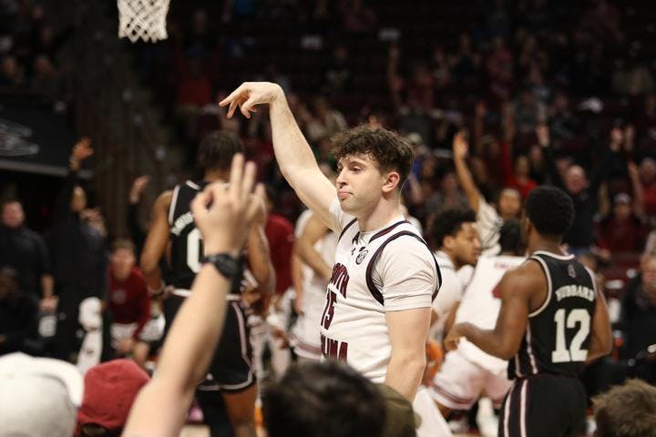 Freshman guard Eli Ellis celebrates after a big 3-pointer against Mississippi State on Feb. 21, 2026, at Colonial Life Arena. The Gamecocks went on to win 97-89 over the Bulldogs.