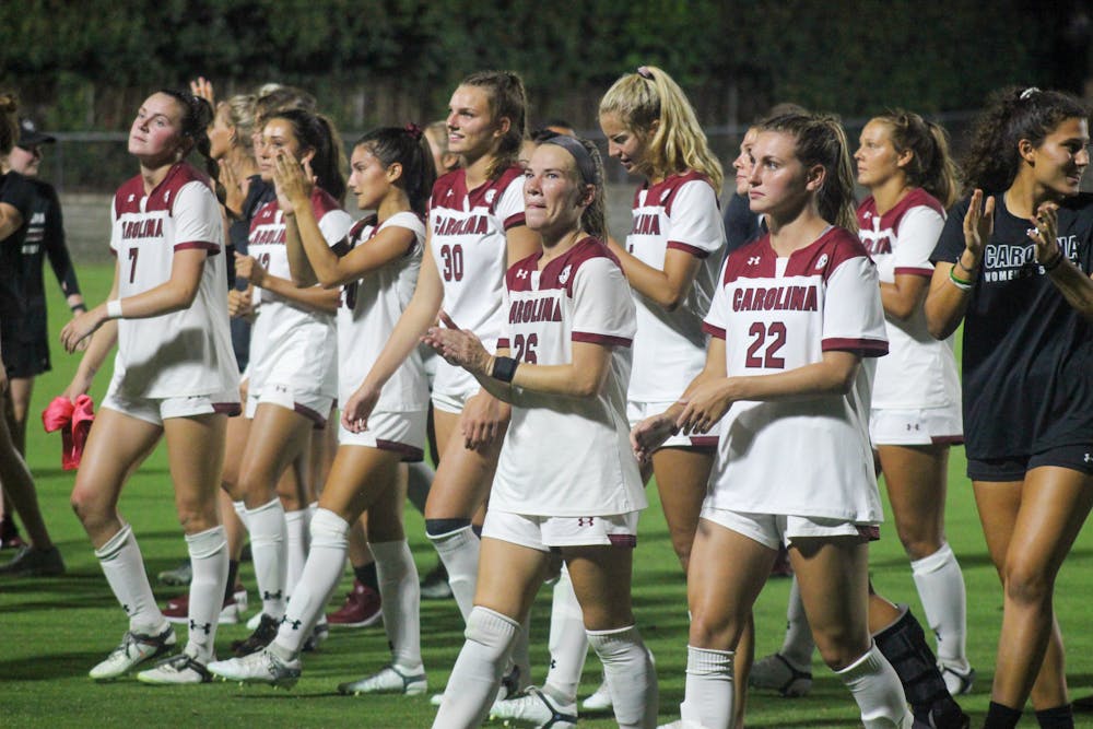 <p>FILE— Women's soccer team exits the field following a victory against FSU on Thursday afternoon, August 18, 2022.</p>