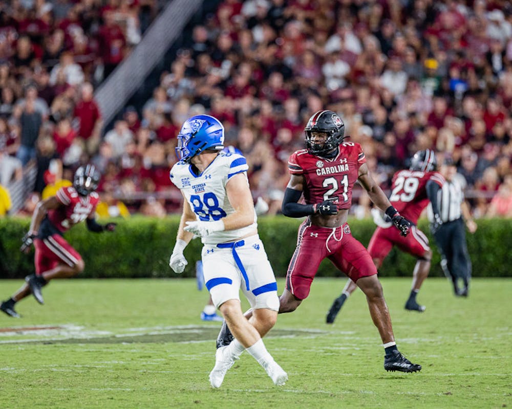 Freshman Defensive Back Nick Emmanwori (on right) covers Georgia State Redshirt Senior Tight End Aubry Payne (on left) during their matchup on September 3, 2022. The Gamecocks beat the Panthers 35-14.