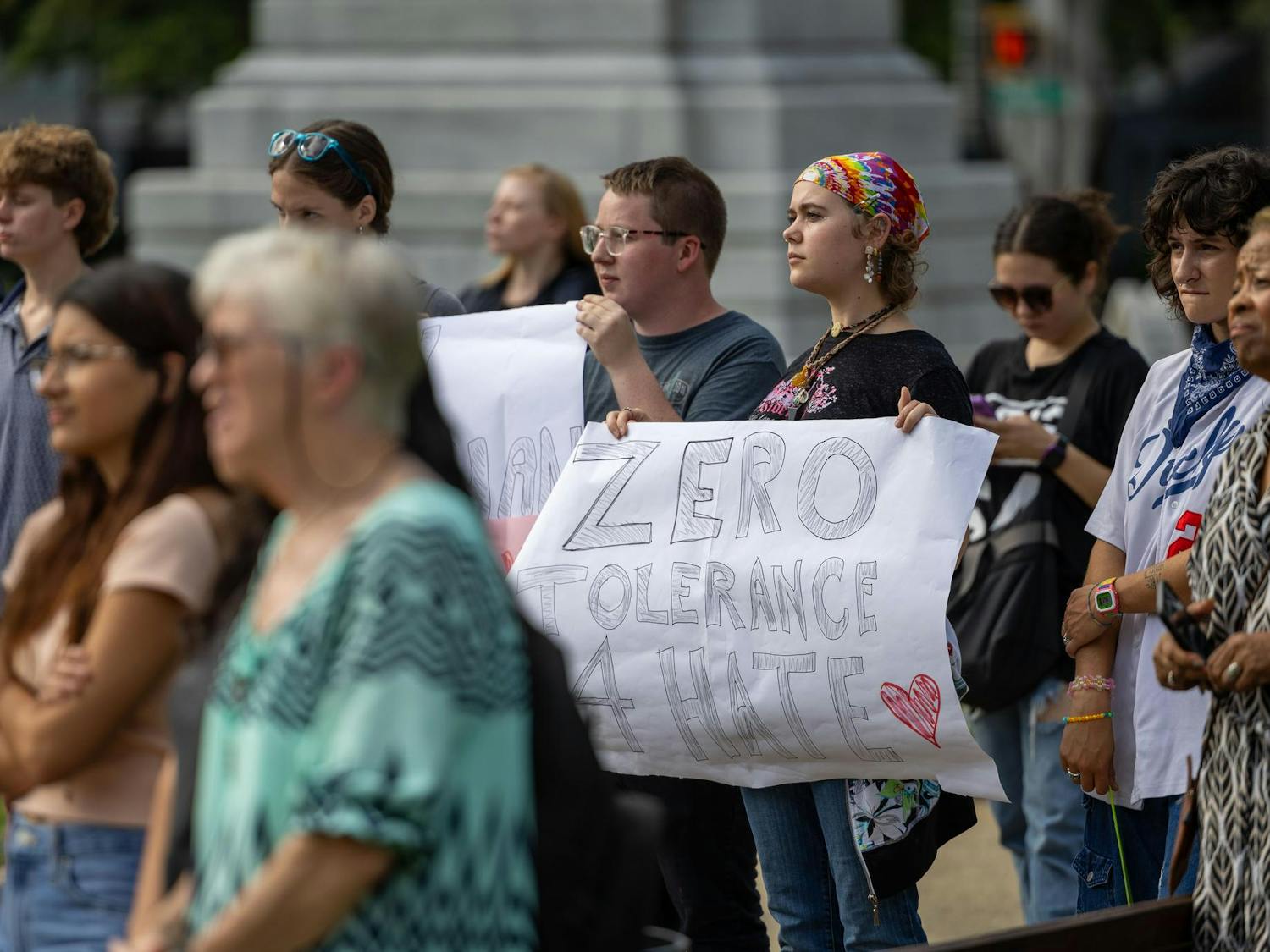 Iris Griffin, a third-year geology major, holds up a sign that says "Zero tolerance 4 hate" on Sept. 18, 2024. "Hate is not welcomed in South Carolina" was a peaceful rally held at the South Carolina statehouse.