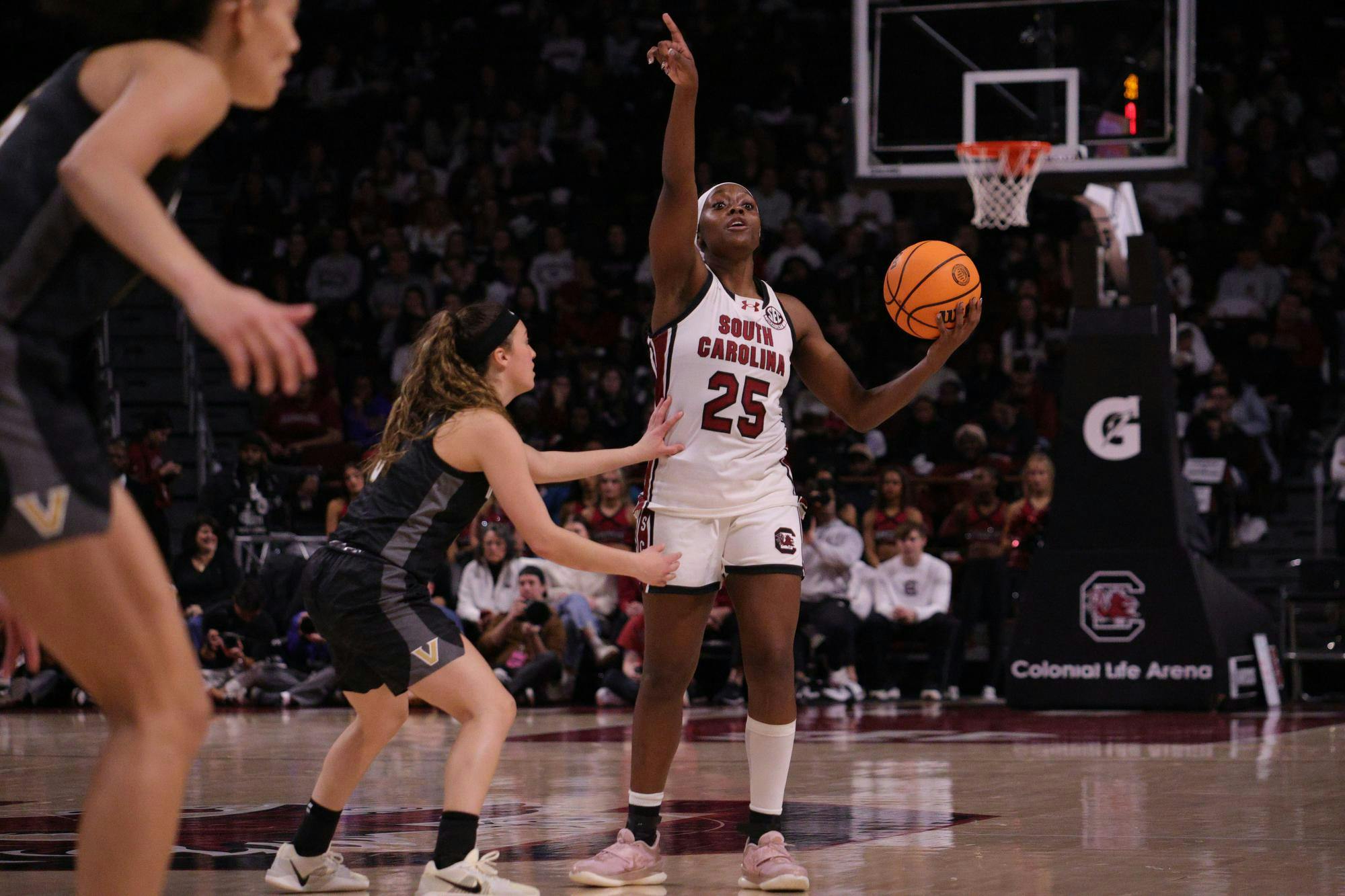 FILE — Senior guard Raven Johnson looks to pass during the Gamecocks’ matchup with Vanderbilt at Colonial Life Arena on Jan. 25, 2026. She directed the offense as the team searched for an open teammate.