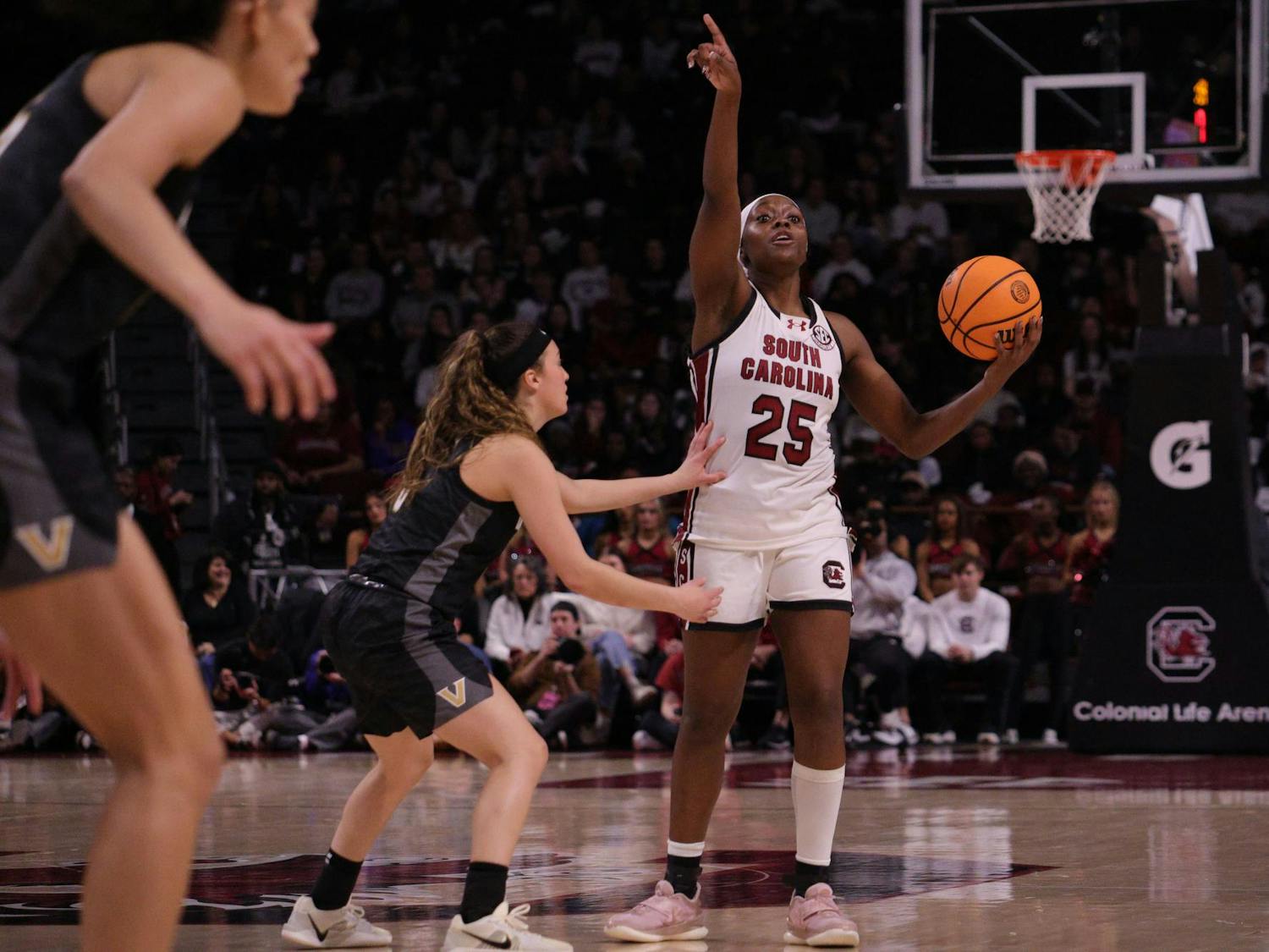 FILE — Senior guard Raven Johnson looks to pass during the Gamecocks’ matchup with Vanderbilt at Colonial Life Arena on Jan. 25, 2026. She directed the offense as the team searched for an open teammate.