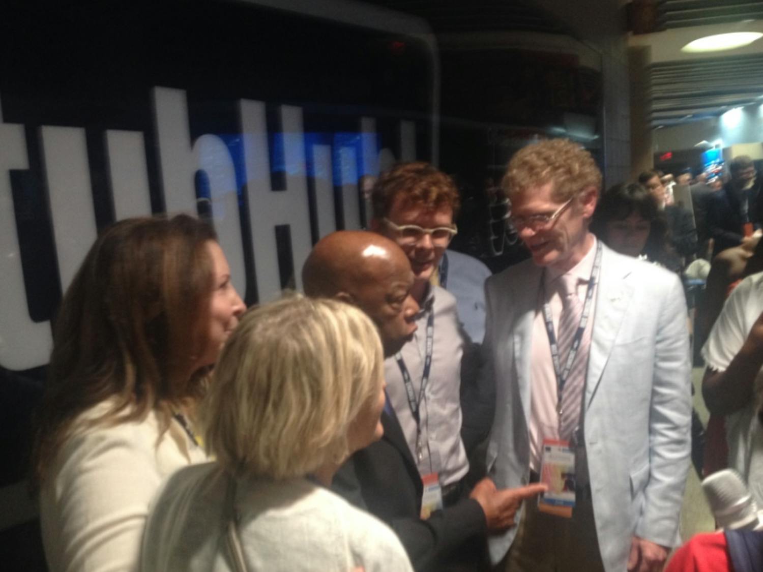 Georgia congressman and civil rights icon John Lewis talks with delegates inside the Wells Fargo Center during the Democratic National Convention in Philadelphia on July 27, 2016.