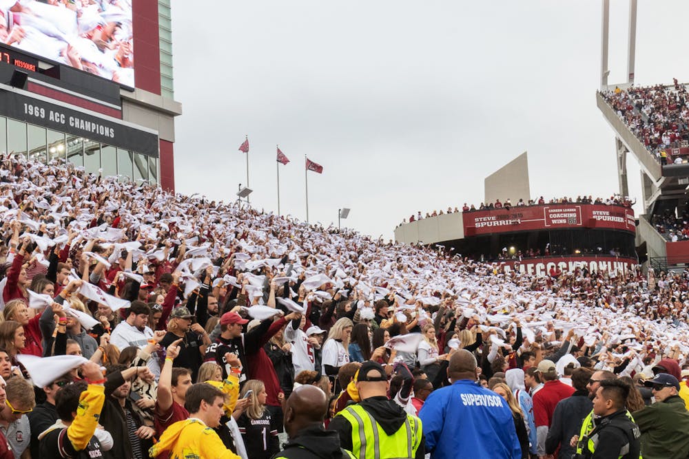 <p>FILE — The University of South Carolina's student section spins rally towels as "Sandstorm" plays over the loudspeakers on Oct. 29, 2022. The Gamecocks lost to the University of Missouri Tigers 23-10.</p>