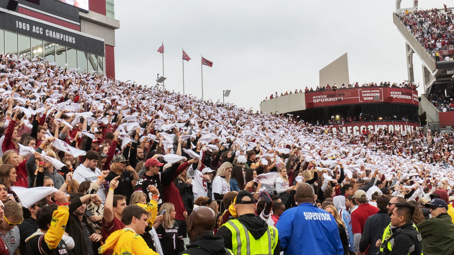 FILE — The University of South Carolina's student section spins rally towels as "Sandstorm" plays over the loudspeakers on Oct. 29, 2022. The Gamecocks lost to the University of Missouri Tigers 23-10.