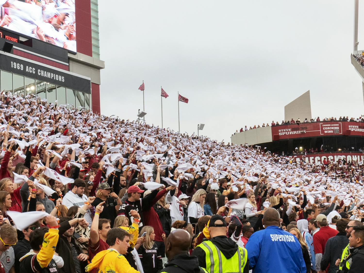 FILE — The University of South Carolina's student section spins rally towels as "Sandstorm" plays over the loudspeakers on Oct. 29, 2022. The Gamecocks lost to the University of Missouri Tigers 23-10.