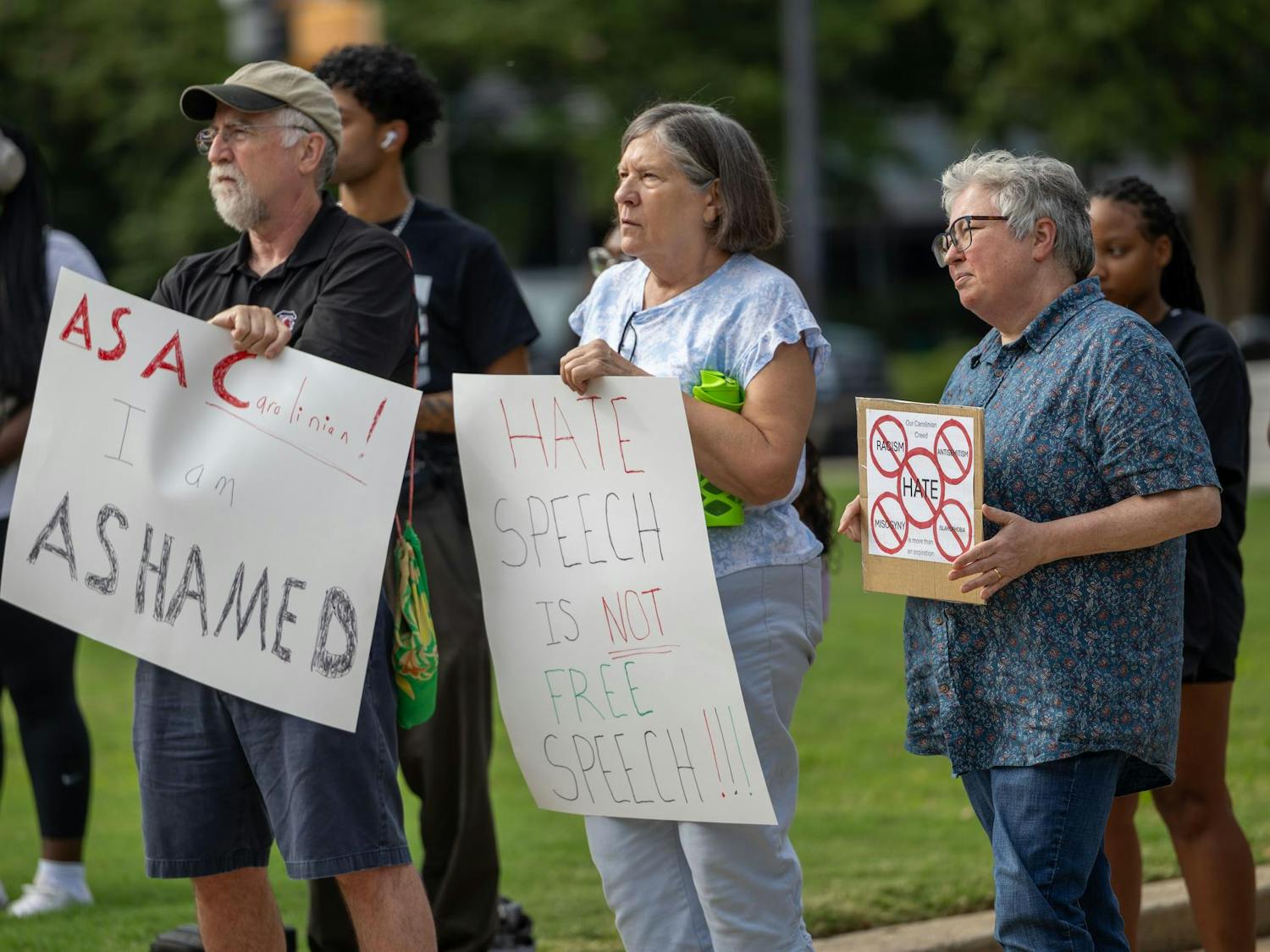 Demonstrators hold signs at the peaceful rally at the Statehouse on Sept. 18, 2024. The rally, called 'Hate is Not Welcomed in South Carolina,' was held at 4 p.m. on the Statehouse steps.