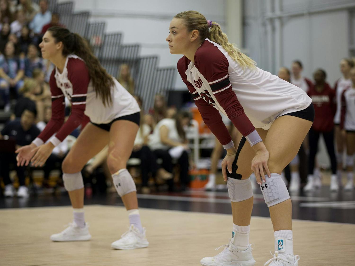 Graduate student outside hitter Riley Whitesides prepares to receive a serve during set three of the match against the University of North Carolina on Sept. 8, 2024. Whitesides contributed seven digs to the Gamecocks’ 37 total digs against the Tar Heels.
