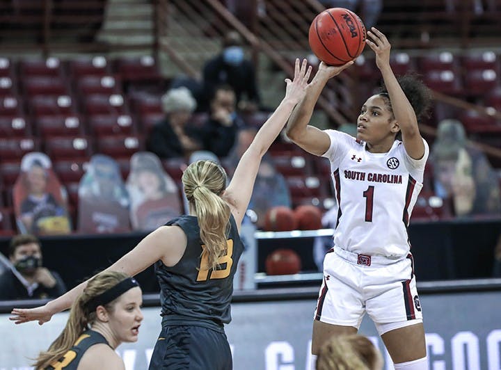Sophomore guard Zia Cooke shoots over a defender in South Carolina's win over Missouri. The Gamecocks improved to 16-2 on the season following the win.

