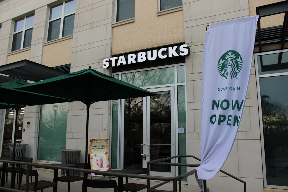 <p>The front entrance of the 650 Lincoln St. Starbucks on March 11, 2023. The Starbucks contains a mural paying tribute to USC’s first Black female student, Henrie Monteith Treadwell, and her impact on the university.</p>